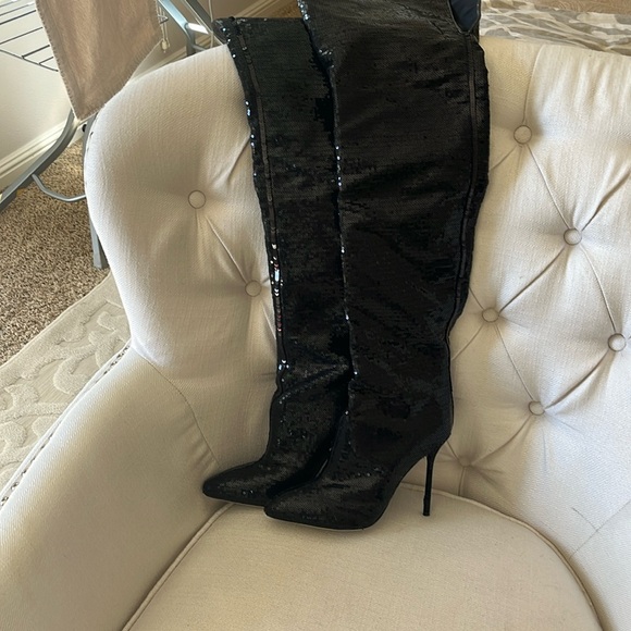 Sergio Rossi Shoes - Rare thigh, high black sequence boots Sergio Ross size 9